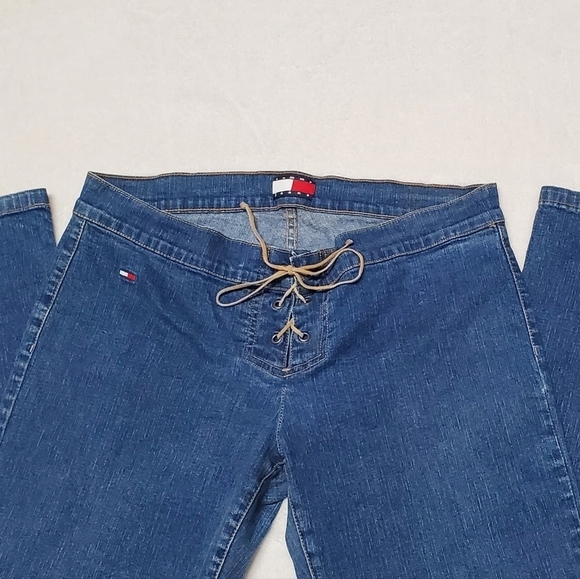 RARE Vintage 90s Tommy Hilfiger Low Rise Leather Lace-up Stretchy Boot Cut Jeans - Picture 5 of 12
